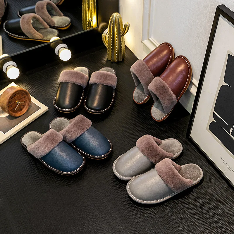 

Winter Plush Home Warming Unisex Slippers Wear Resistant Anti Slip House Slippers Cowhide Waterproof Solid Color Cotton Slippers