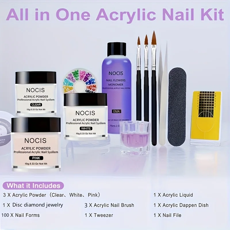 ชุดทำเล็บอะคริลิค: ชุดทำเล็บมืออาชีพ ชุดอะคริลิคสีใส สีขาว สีชมพู ผงอะคริลิคและน้ำยา พร้อมชุดเริ่มต้นทำเล็บอะคริลิค
