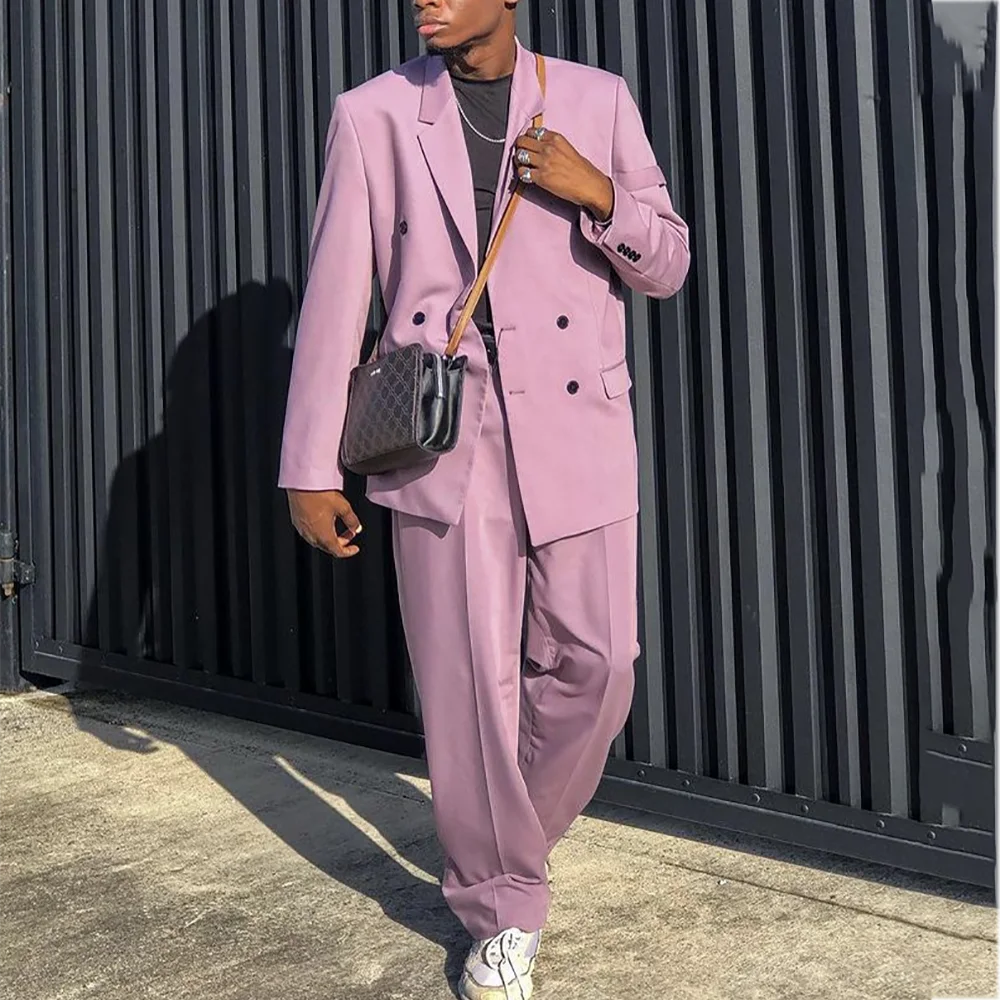 

Classic Notched Lapel Suit Two Piece For Men Double Breasted Solid Color Smart Casual Outfit High Street Party Daily Set