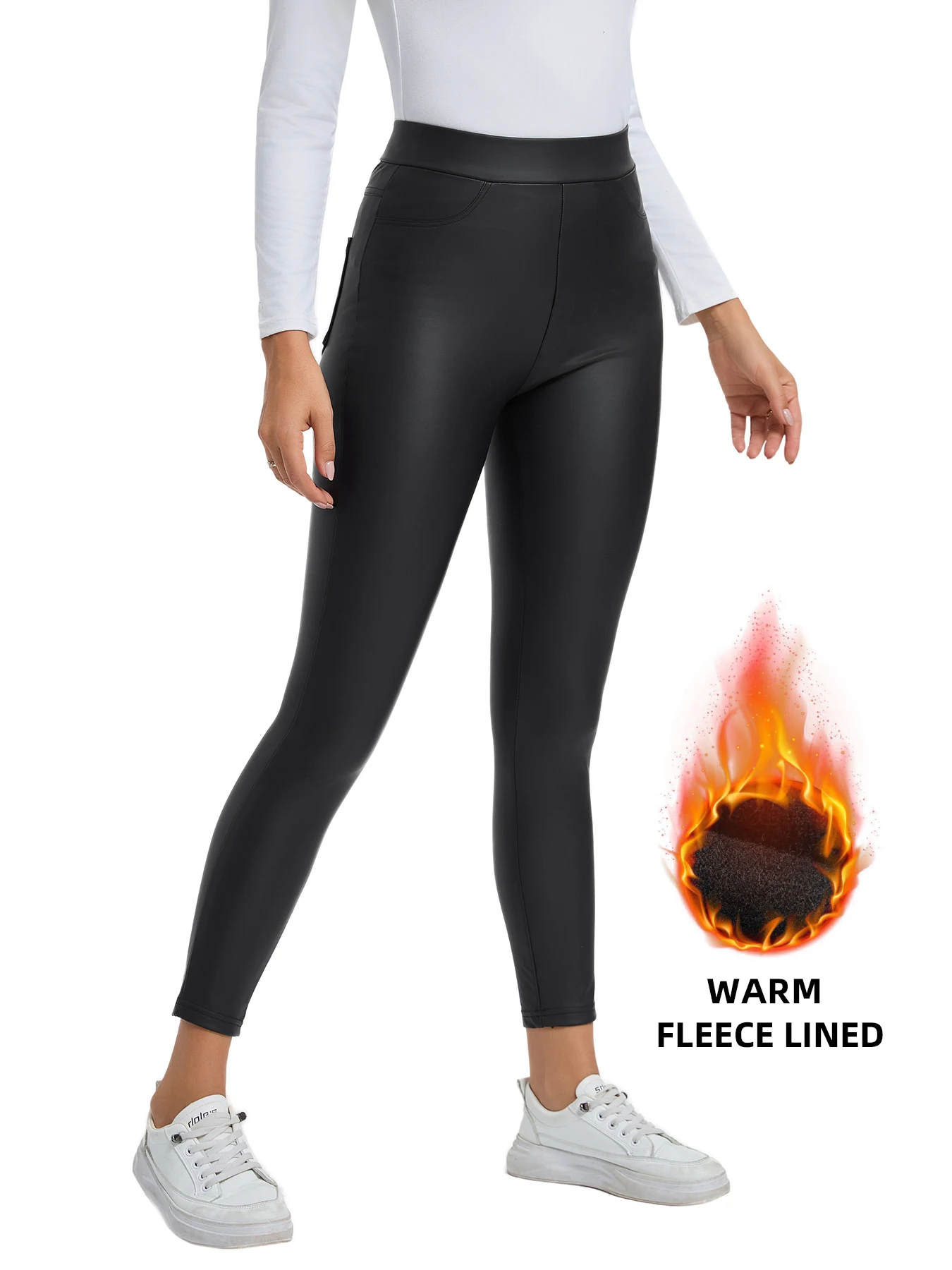Black Fleece Lined High Waist Leather Leggings Women's Autumn Winter Essential High Elasticity Slim Fit Base Layer Pants