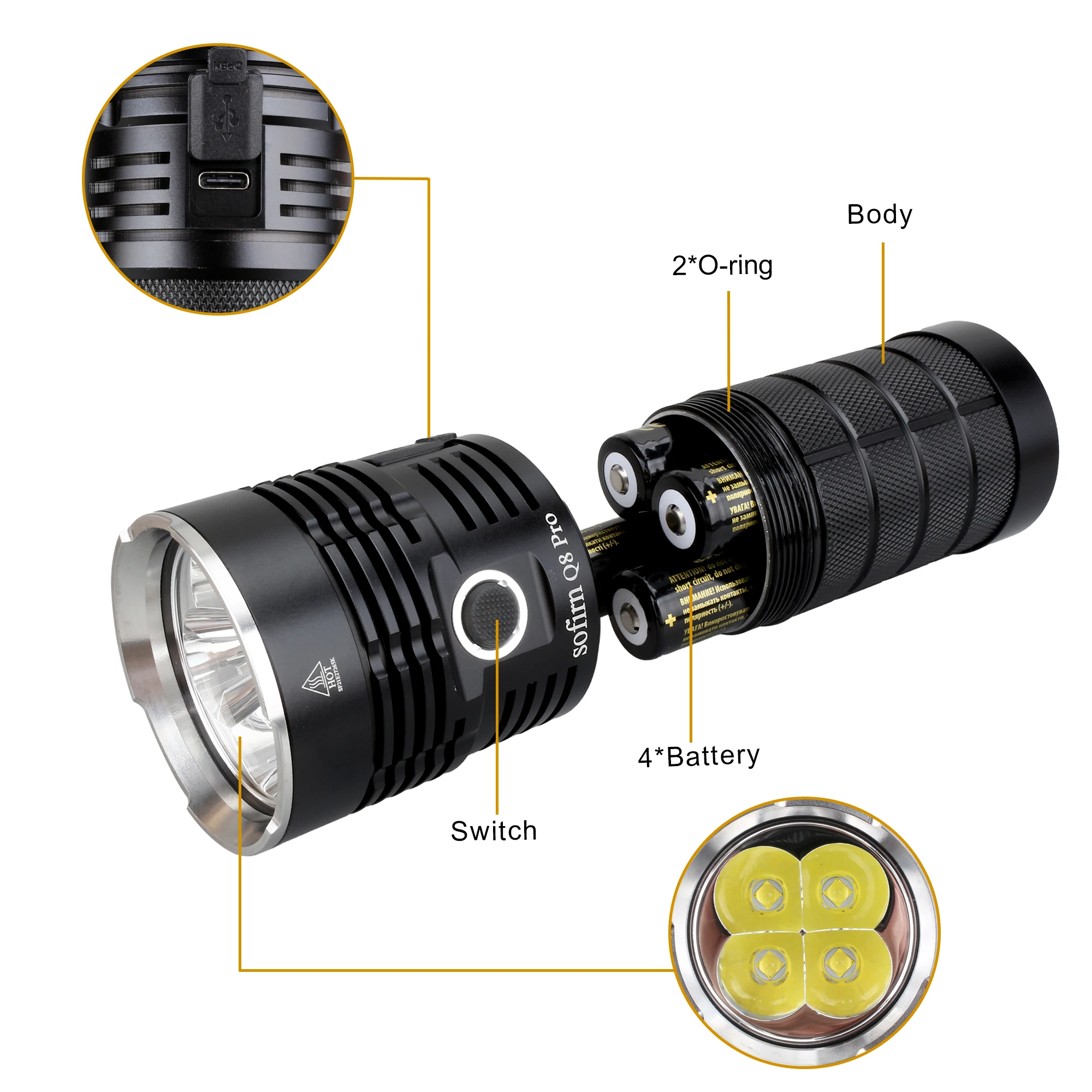 Sofirn-Q8 برو مصباح يدوي قوي LED مع عكس تهمة ، Anduril 2 UI الشعلة ، 18650 ، 11000 التجويف ، 4 x XHP50.2 ، USB C