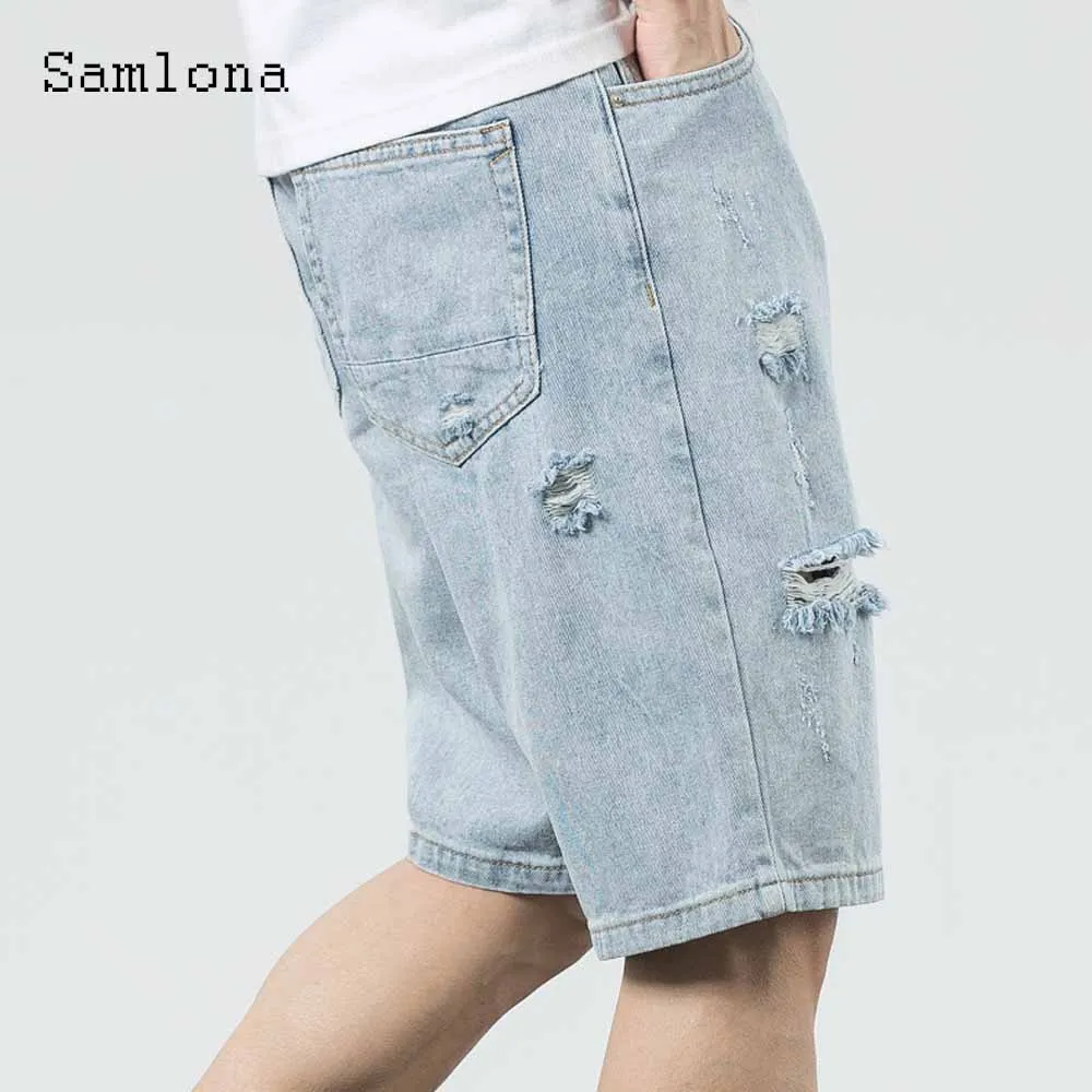 Samlona Plus Size Men's Fashion Hole Ripped Demin Shorts Vintage Zipper Pocket Short Jeans 2023 Summer New Sexy Half Demin Pants