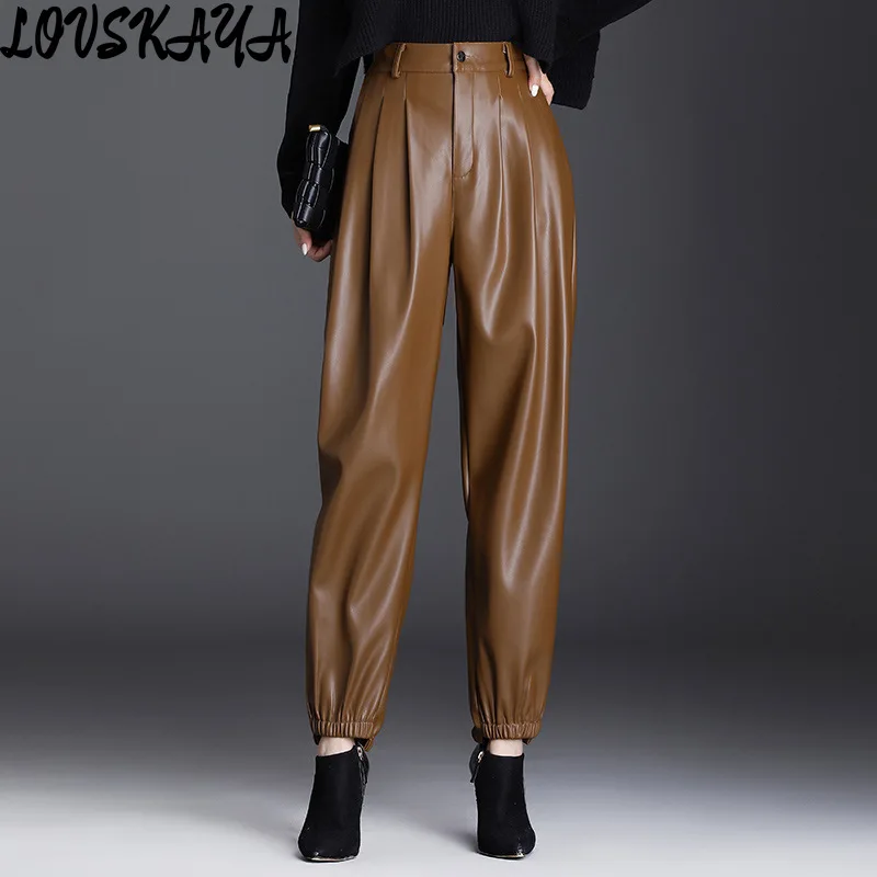 

New Korean casual pants thin velvet high waisted slimming radish leather pants women's elastic waist Harun pants