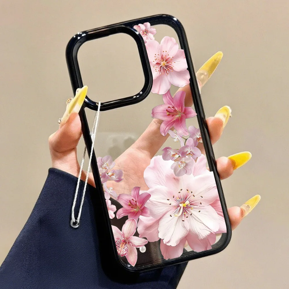 Pink Lily Flower Phone Case For iPhone 16 Pro Case iPhone 15 13 11 12 14 Pro Max Acrylic Shockproof Clear Flowers Pattern Cover