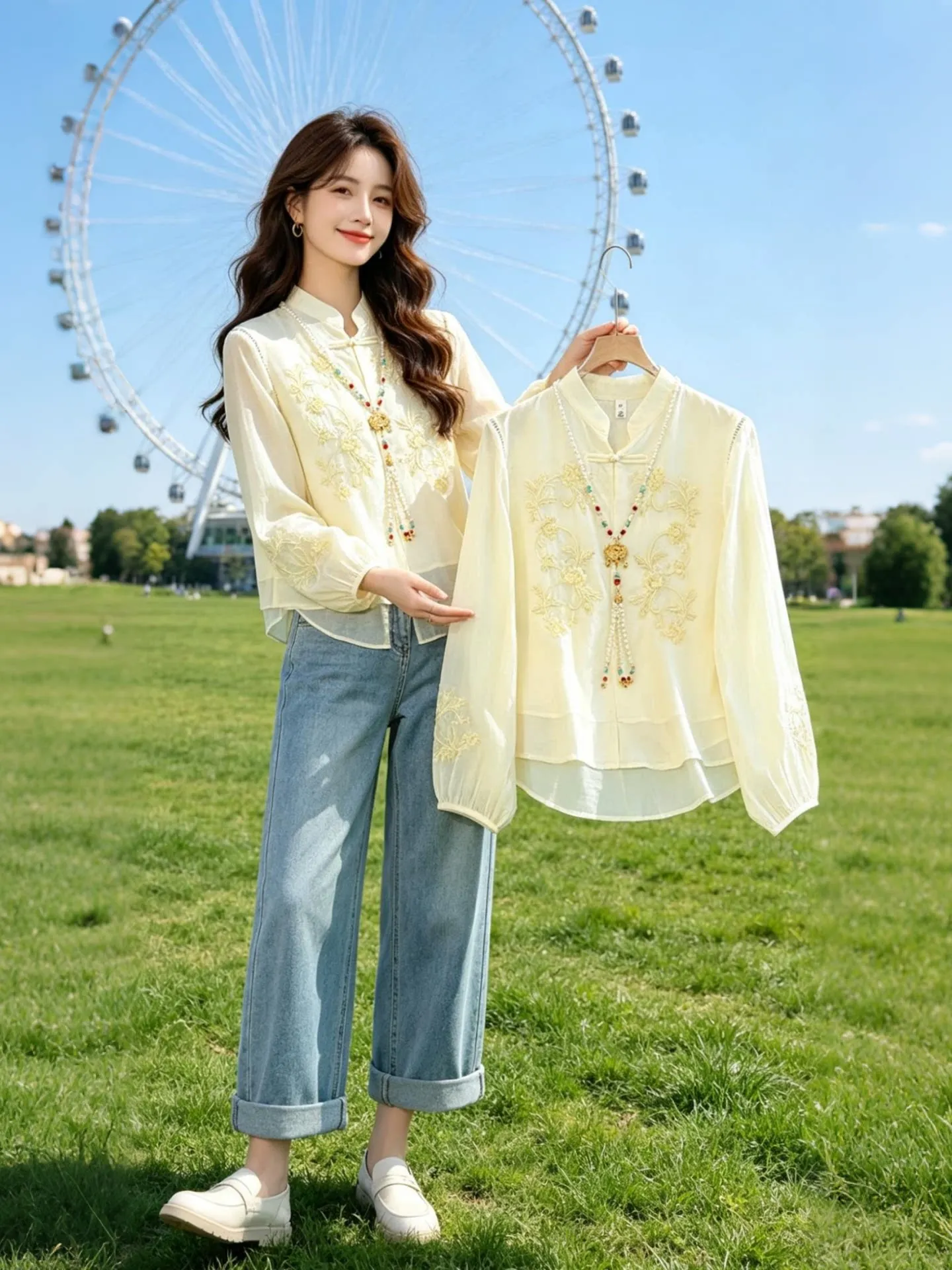 

Elegant Long Sleeve Embroidered Shirt Korean Style Commute Fashion Breathable Spring New Design Shirt for Young Women