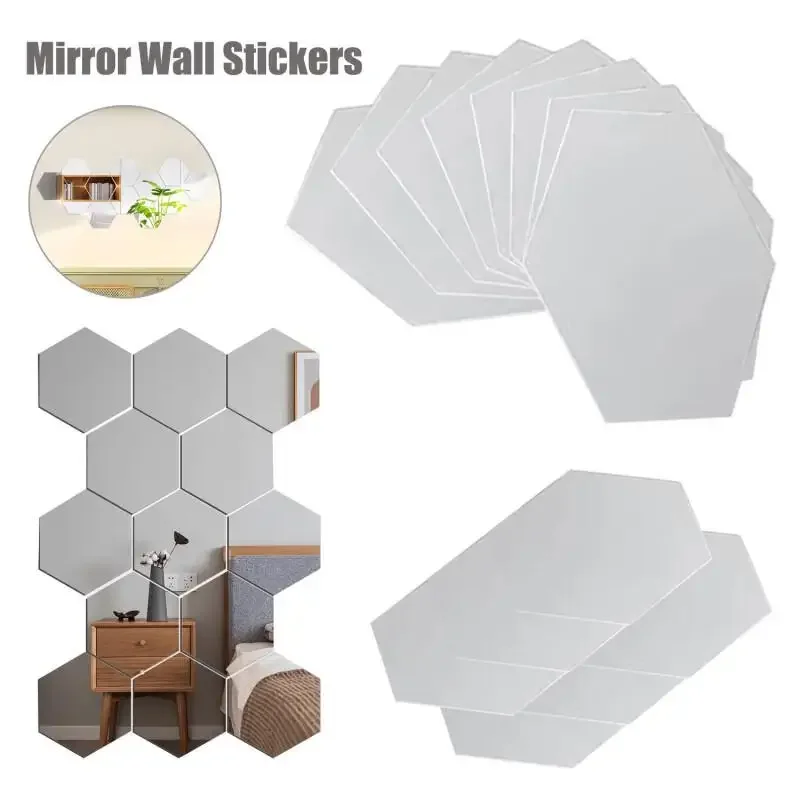 5-20Pcs Silver Hexagon Art Mirror Acrylic Wall Stickers with for DIY Home Art Bedroom Living Room Wall Decoration Diameter 4.6cm