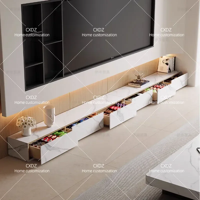 Modern Minimalist Rock Slab TV Cabinet Light Luxury Marble Floor Stand for Living Room Simple Contemporary Media Console