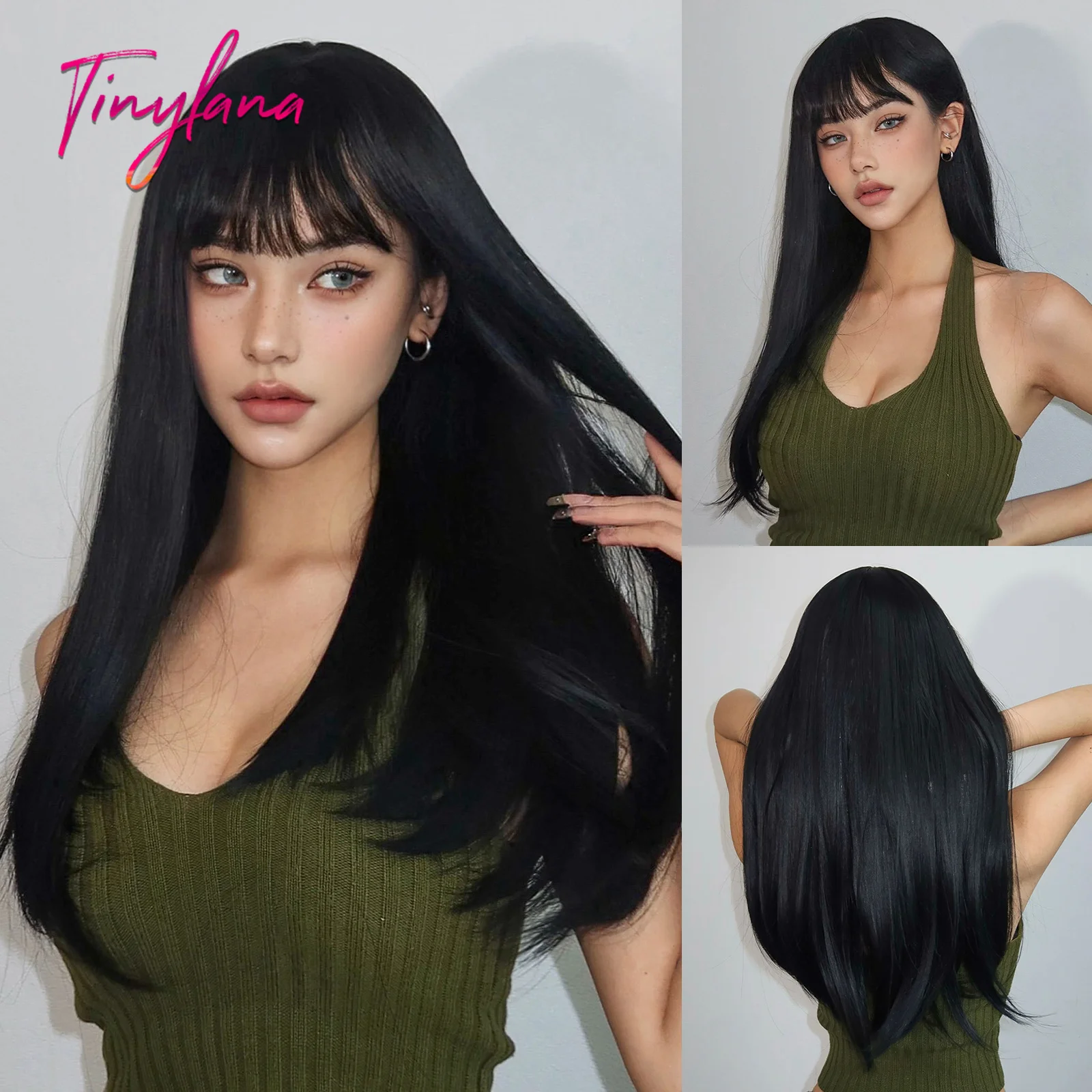 Long Straight Natural Black Synthetic Wigs with Bangs for Women Afro Cosplay Party Daily Black Hair Wig Heat Resistant Dark Wig