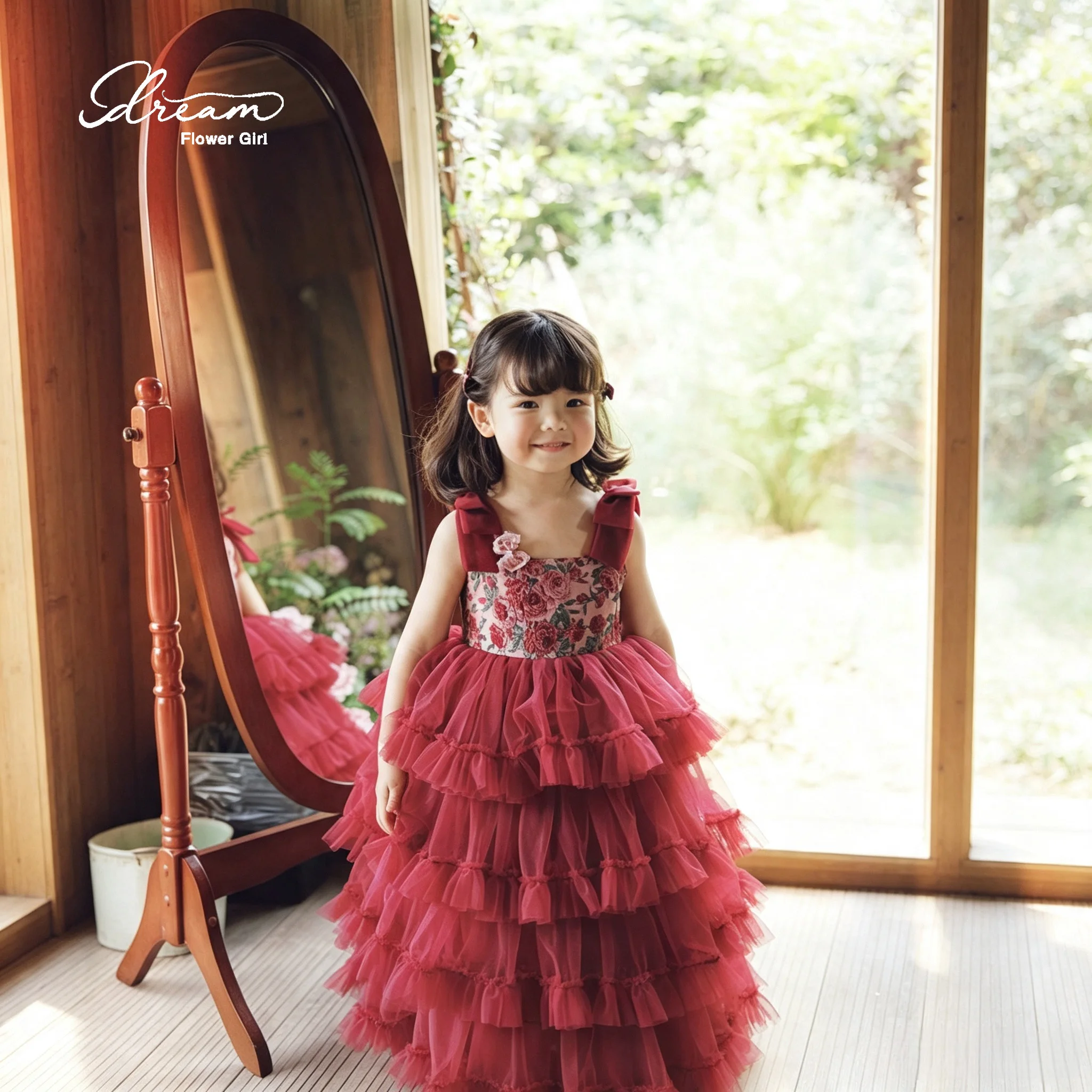 Bow Strap Floral Print Tiered Tulle Flower Girl Dress Multi Layer Kids Wedding Party Gown
