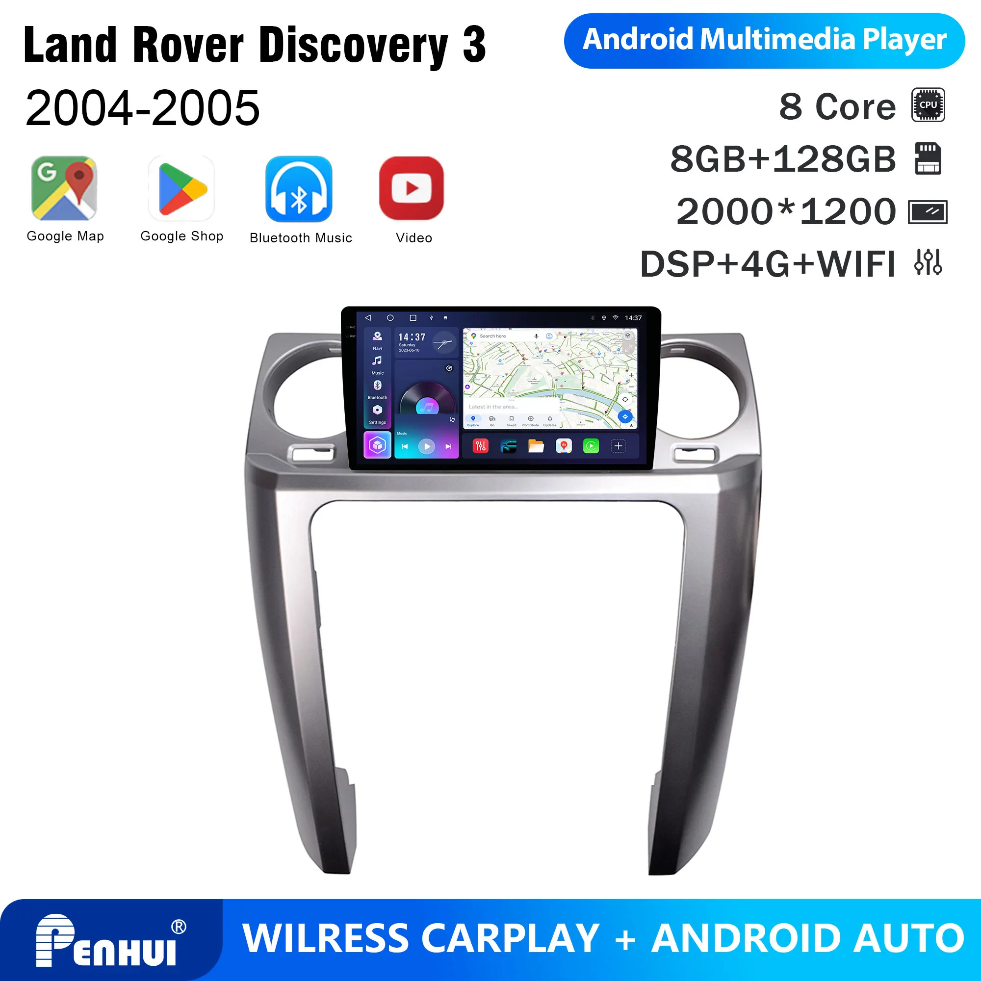 Penhui Android Car DVD Player 2 Din for Land Rover Discovery 3 2004-2005 Multimedia Screen with DSP, Bluetooth, Audio & CarPlay