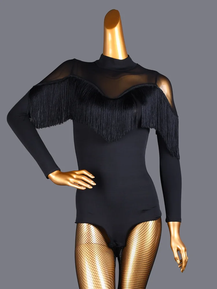 Mesh Patchwork Avond Rompertjes Buikdans Kostuum Latin Kleding Effen Kleur Vrouw Kleding Lange Mouw Dames Kwasten Top
