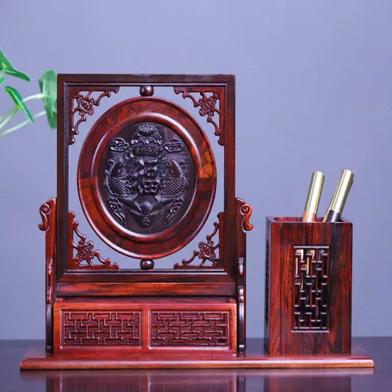 

Mahogany pen holder carving business gift office supply solid wood desktop stationery ornament creative storage box