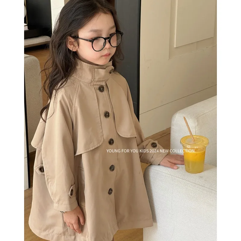 

Тренч с лацканами в британском стиле для девочек, весна-осень 2023, новая универсальная детская однобортная куртка средней длины