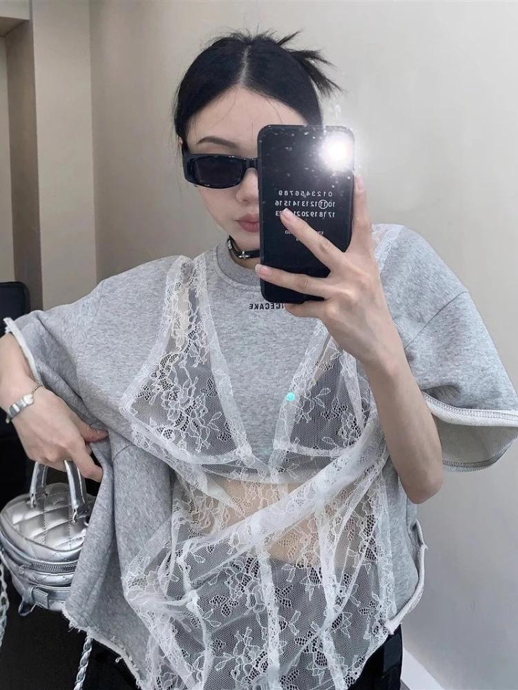 Lace Oversized Vintage Cut Out Sheer T-shirt 4XL New Women T-shirts Loose Short Sleeve Niche Design Fashion Y2k Top for Girls