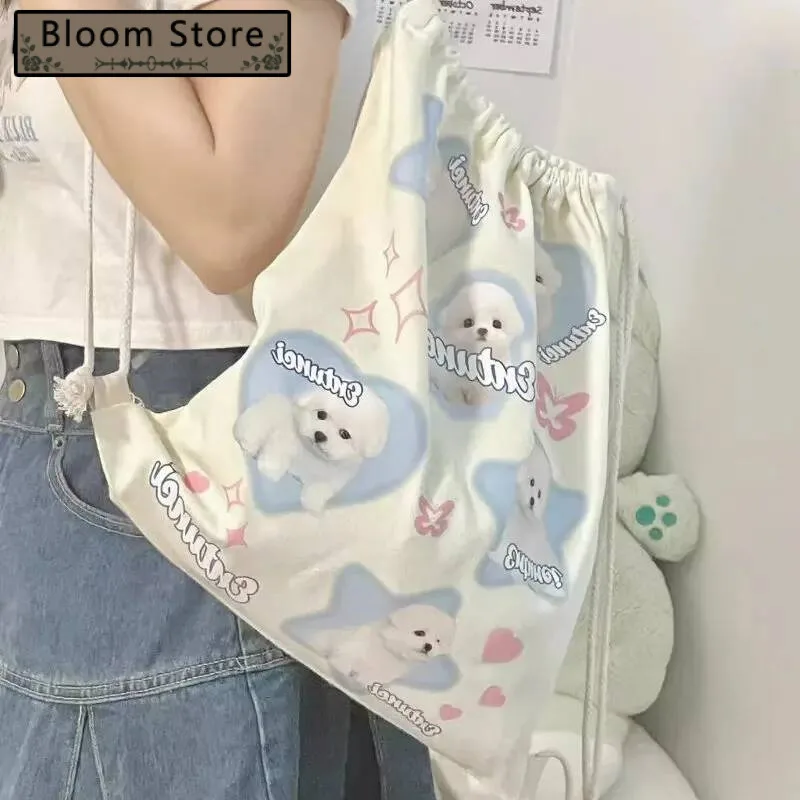 

Women Vintage Cartoon Cute Heart Dog Schoolbags Korean Sweet Fashion Trendy Canvas Bags Y2k Aesthetic Kawaii Backpacks All Match