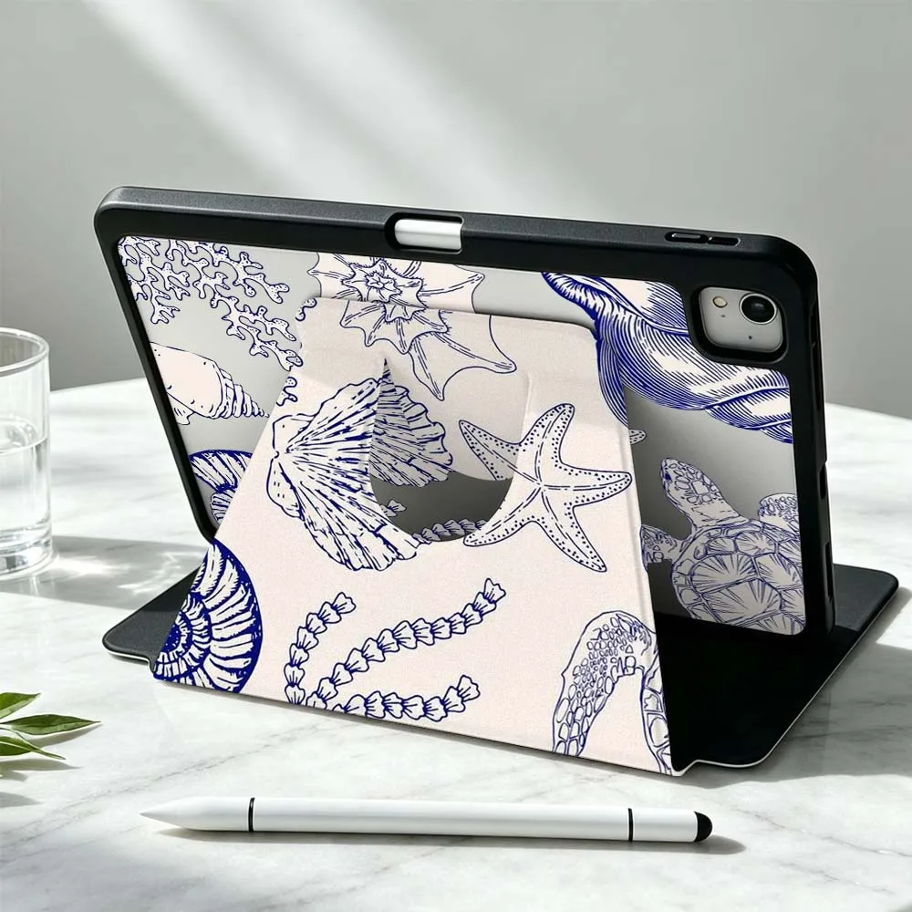 Cartoon Turtle Conch Starfish For iPad Pro Air mini 6 5 4 12th M5 M4 M3 M2 A16 A17Pro 360° Rotation Stylus Storage Tablet Case