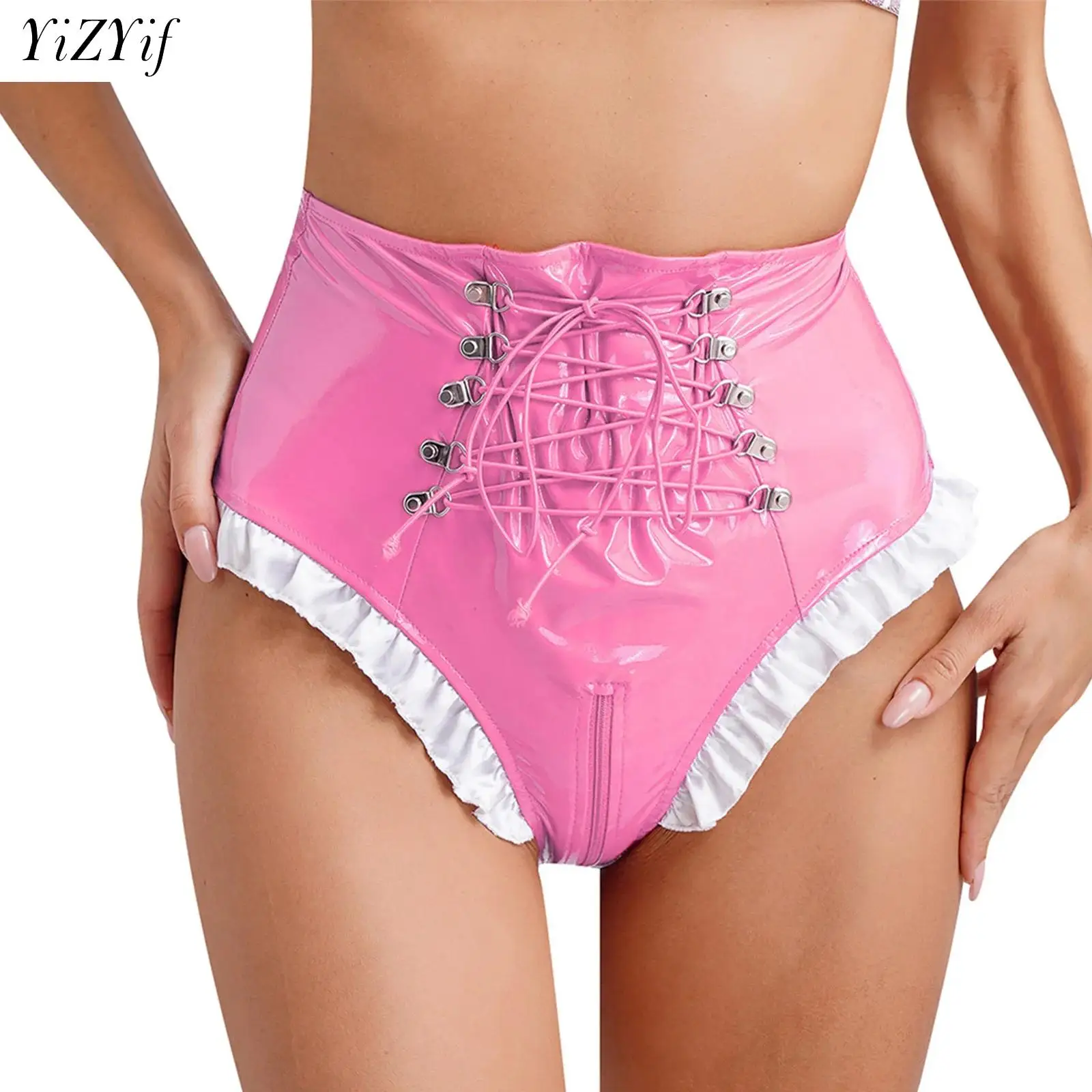 

Womens Lingerie Zipper Crotch Underwear Glossy Patent Leather Briefs High Waist Lace-up Frilly Maid Knickers Panties Clubwear