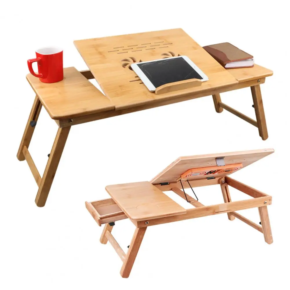 Bed Folding Table with Fan Adjustable Bamboo Laptop Desk with Fan Tilting Top Drawer Foldable Bed Table Portable for Surfing