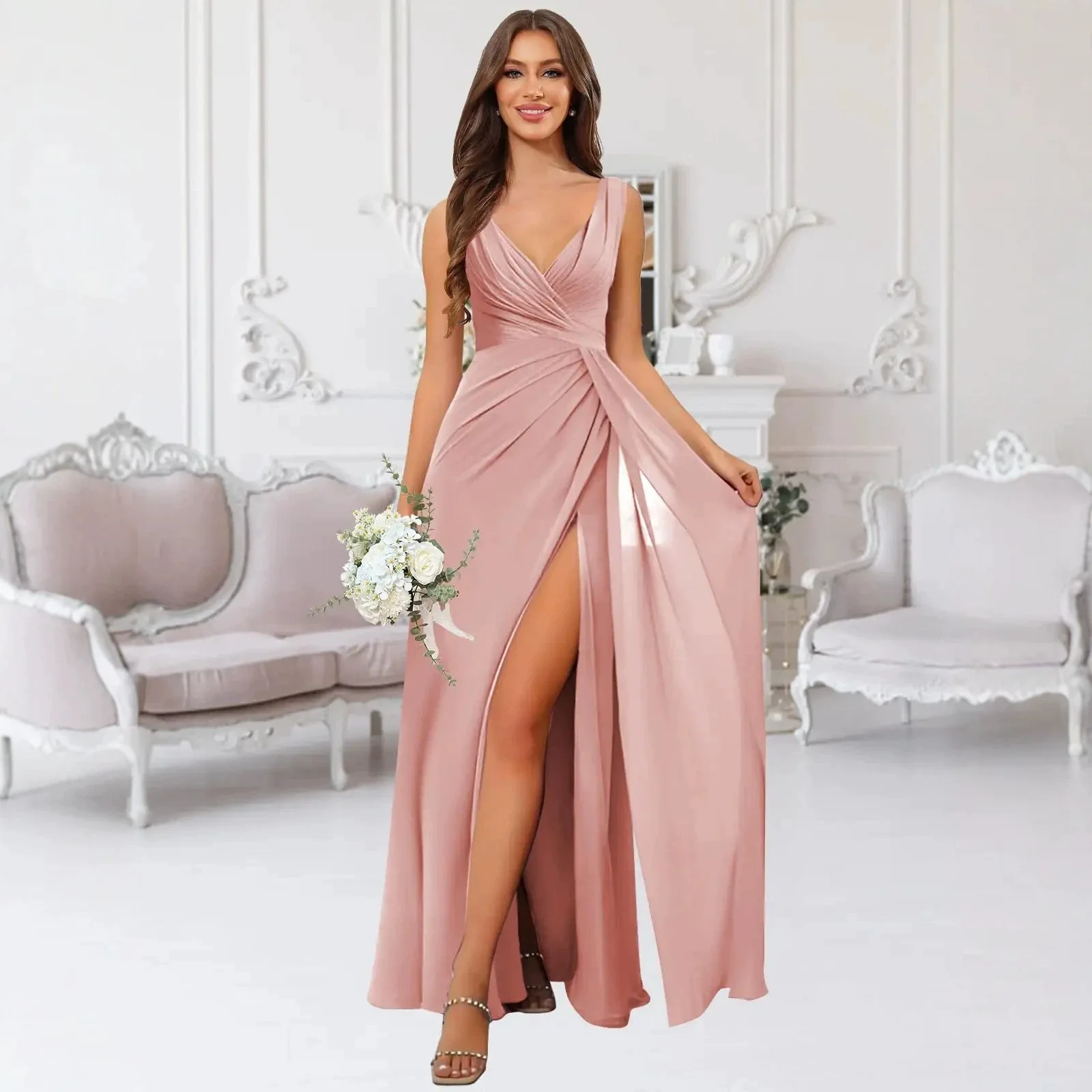 

QMANSHA Women Dusty Pink Chiffon Maxi Dress Sleeveless V Neck Ruched High Slit Bridesmaid Wedding Evening Formal Dress