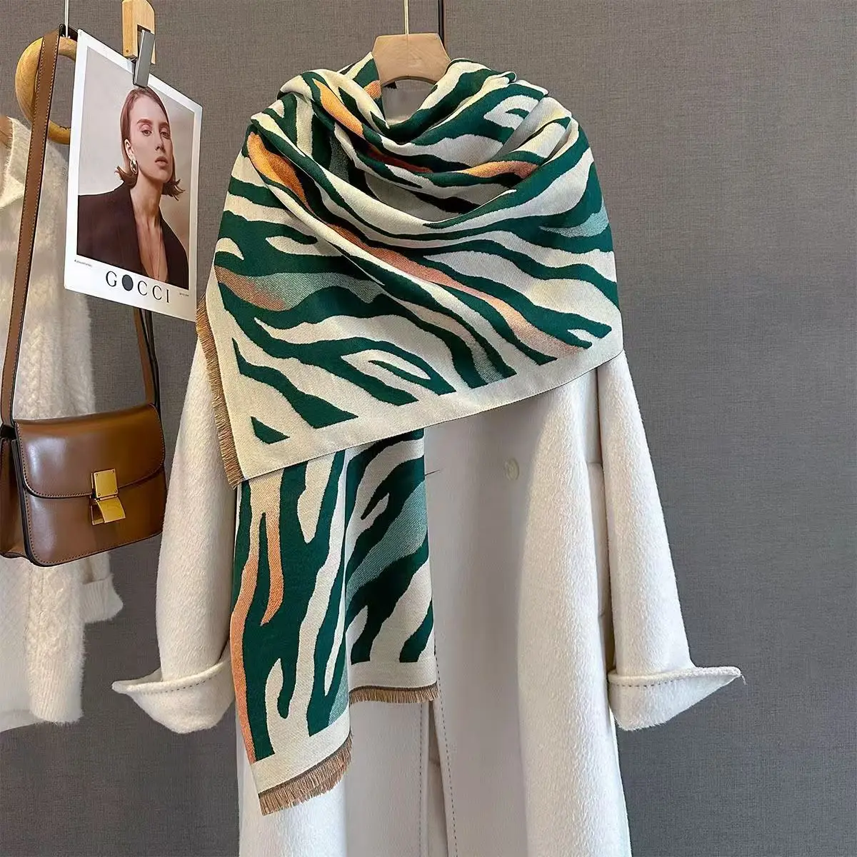 Irregular Striped Print Faux Cashmere Scarf Women Autumn Winter New Thickened Extra Large Warm Office Daily Commute Shawl