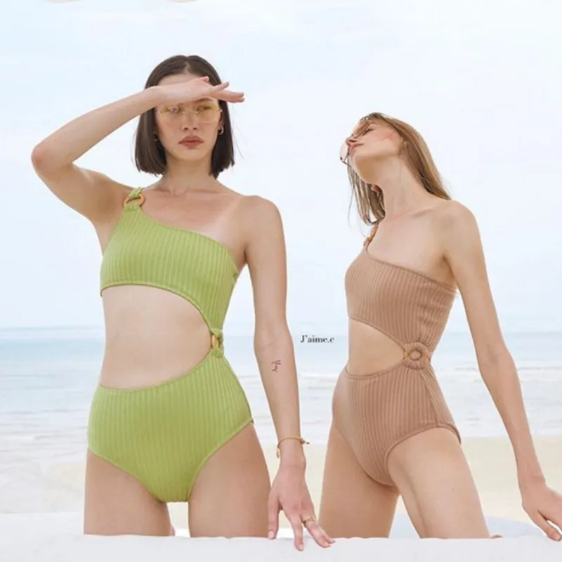 

Women's Swimwear 2024 Women Bikini One-Piece Solid Color Swimsuit Backless Sexy One-Shoulder Hot Spring Swimwear M-XL
