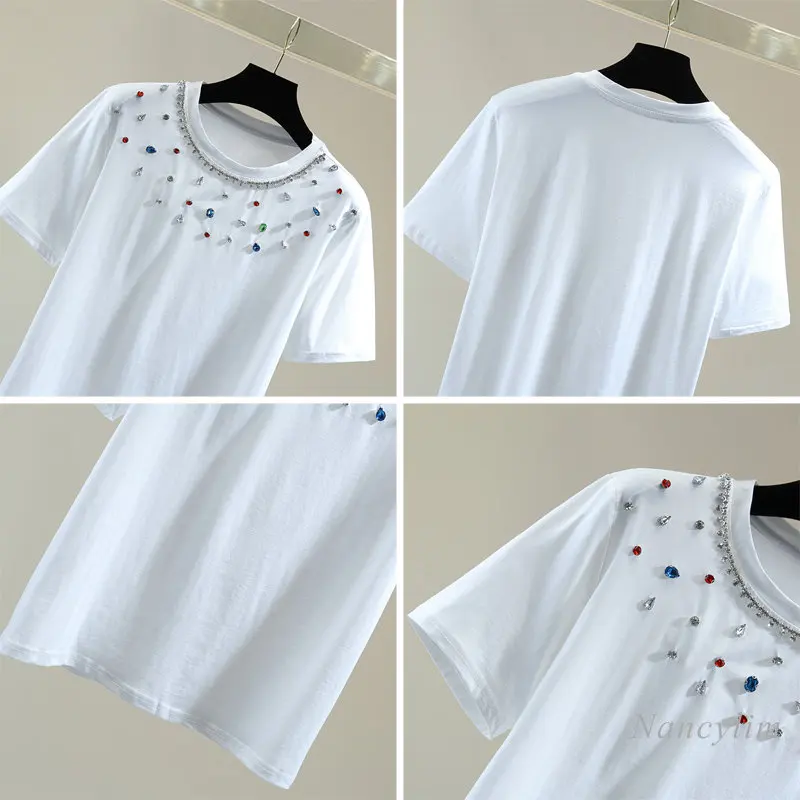 Color Diamond Round Neck Short Sleeve T-shirt for Women 2023 Summer Korean Style Loose Pure Color Cotton Tshirt Straight Top