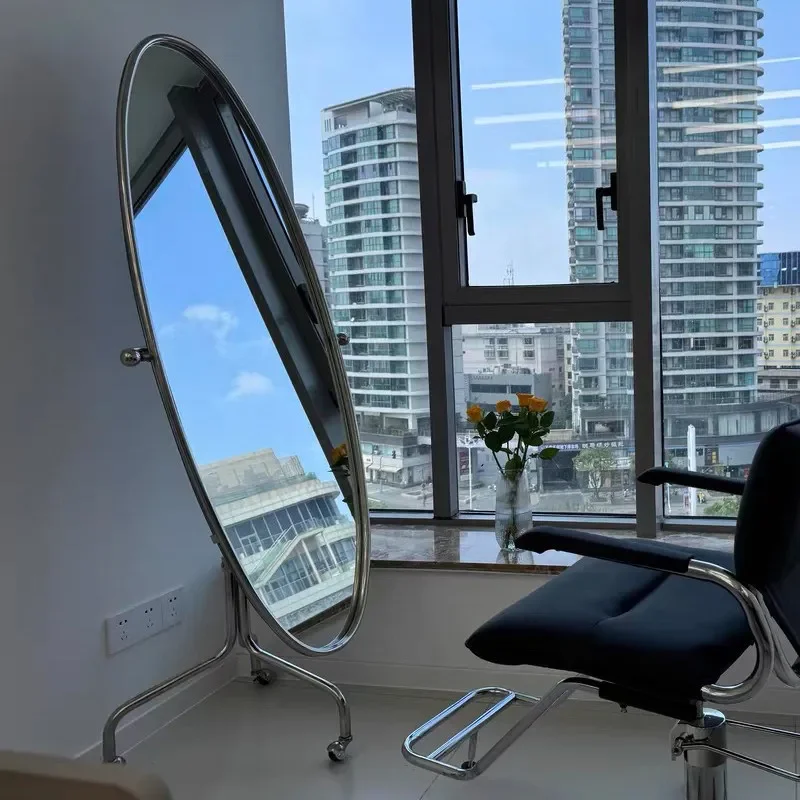 Oval Barber Shop Mirror Desk Barber Shop Mirror Stainless Steel Cut Hair Salon Special Single-sided Floor