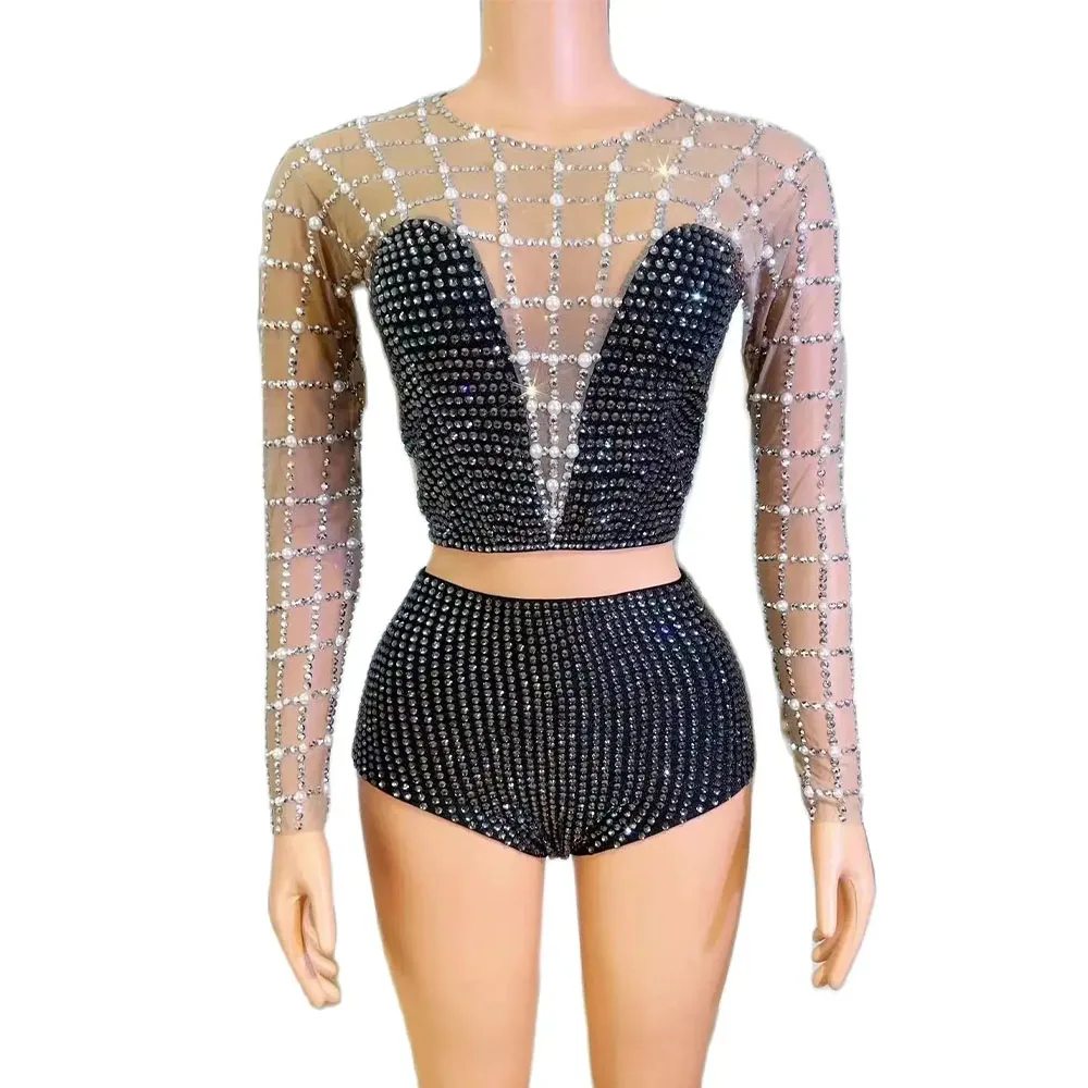 Sexy Sparkly Rhinestones Pearls Long Sleeve Top Shorts Two Pieces Set Women Party Celebrate Birthday Outfit Show Stage Wear