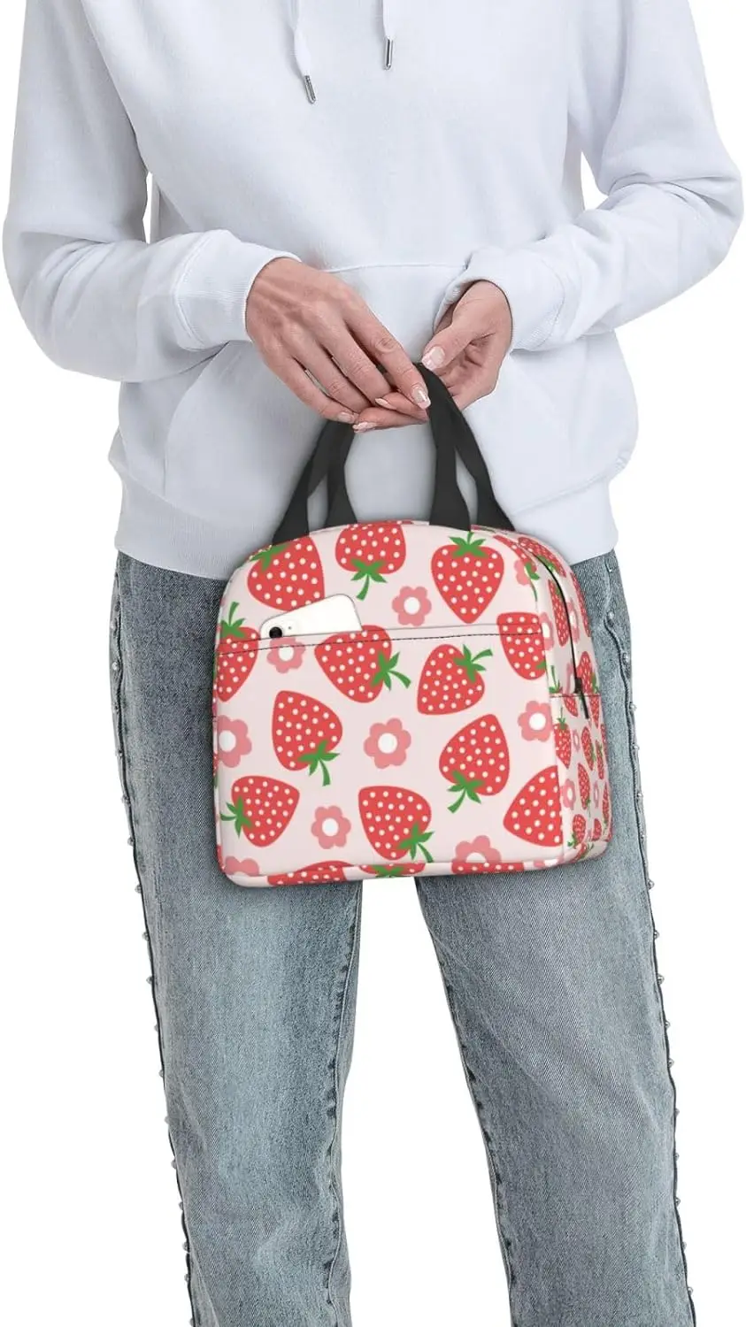 Pink Strawberry Cute Flower Insulated Lunch Bag For Men Women Reusable Lunch Box Container Waterproof Portable Cooler Thermal