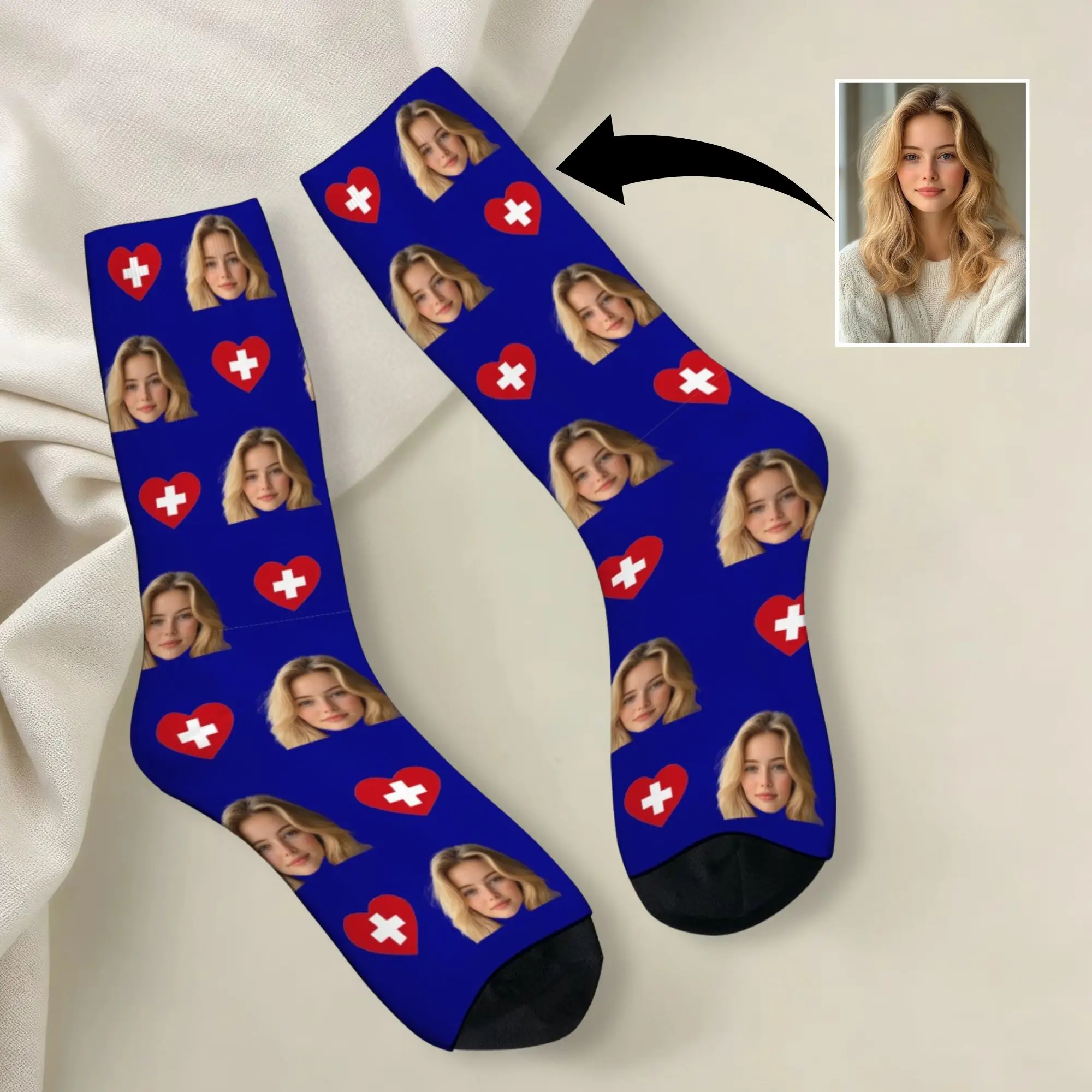 Chaussettes personnalisées avec le drapeau suisse, impression photo personnalisée, chaussettes bleues, cadeau original pour les fans suisses