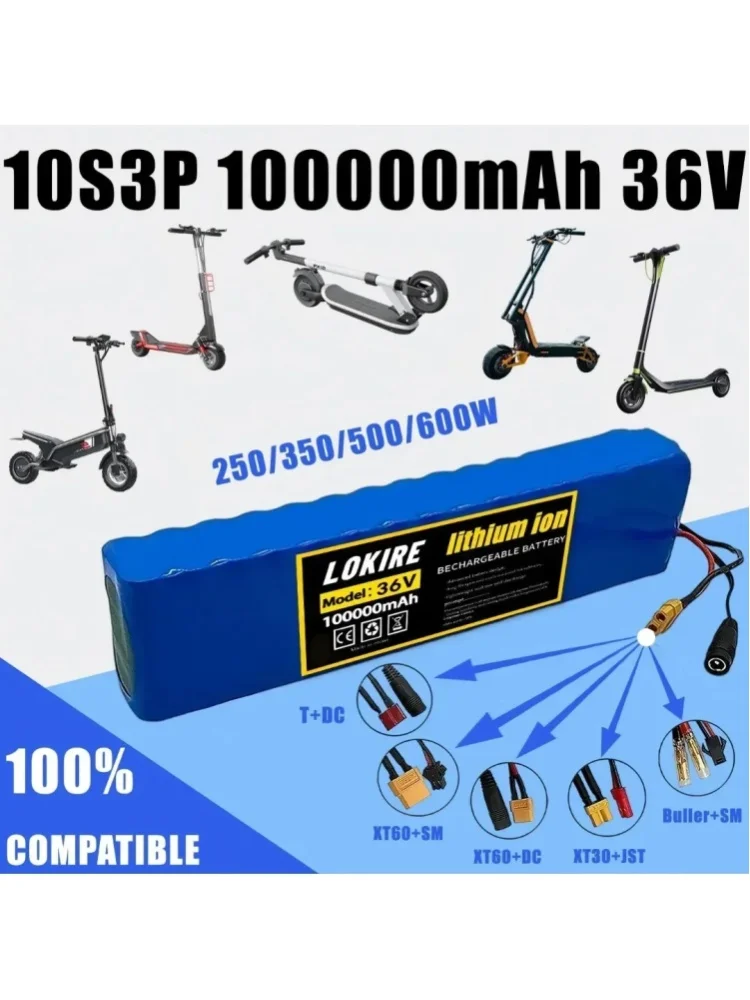 36V 100Ah 18650 wiederaufladbarer Lithium-Akku 10S3P 1000W mit BMS für Fahrrad- und Roller-Akkupack + Ladegerät