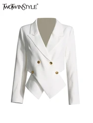 TWOTWINSTYLE Colorblock Spliced Button Minimalist Blazers For Women Notched Collar Long Sleeve Short Coat Female Fashion Style