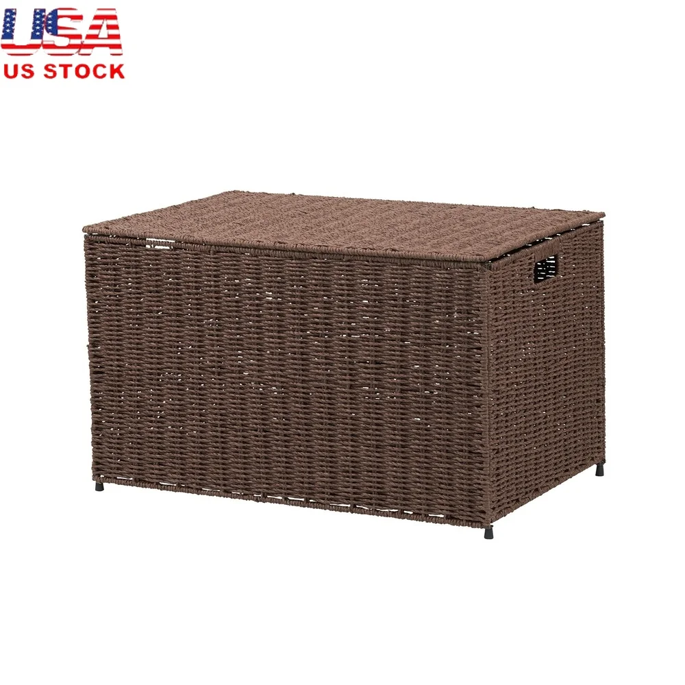 

Woven Storage Chest Large Paper Rope Trunk With Handles Lid Lightweight Decorative Basket Living Room Bedroom Organization