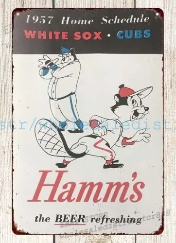 1957 CHICAGO CUBS WHITE SOX SCHEDULE HAMMS BEER tin sign man cave dorm wall art