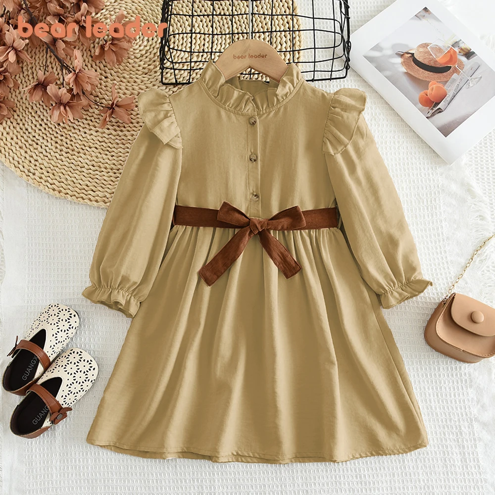 Bear Leader Autumn Fashion Girls Casual Dresses 3-7Y Korean Version Solid Color Long Sleeved Stand Up Collar Belt Kids Dress