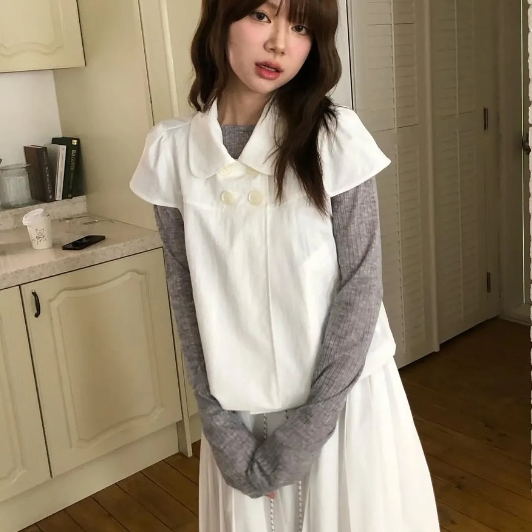 Sweet Short Sleeve Bubble Sleeve Shirt Women's Retro Dual Button Design Dongda Gate Style Commute Wind Regular Thickness Pure...