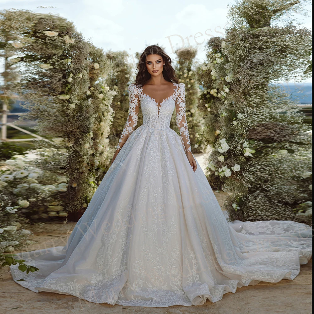 Robes de mariée princesse A-Line pour femmes, dentelle brodée, bouton, manches longues, train de balayage, longueur au sol, belle mariée, nouveau