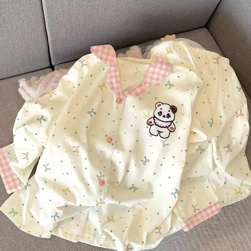 

Весенне-осенние новые женские пижамы, комплект домашней одежды, свободные пижамы с клетчатым воротником, домашняя одежда, комплект с длинными рукавами и брюками