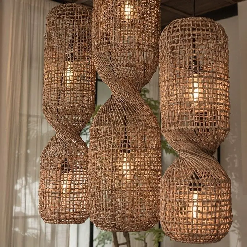 

Wabi style art decor rattan chandelier retro duplex spiral staircase lamp Japanese homestay restaurant bar staircase lamp