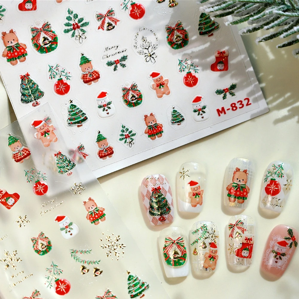 

Christmas Tree Stocking Bowknot Bell Snowflake Lovely Elk Snowman Gingerbread 3D Nail Art Stickers Xmas Cartoon Manicure Decals