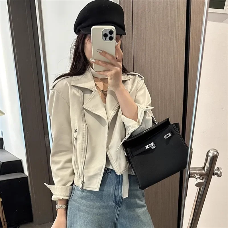 Frühling Frauen Koreanische Dünne Kurze Faux Pu Leder Mantel Streetwear Fashion Lila Obst Grün Revers Langarm Weibliche Biker Jacke