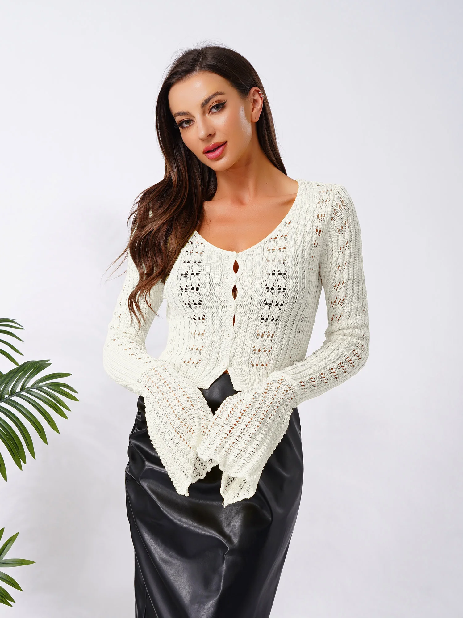 Women Fashion Hot Solid Color Long Flared Sleeves V-neck Short Hollow Knitted Cardigan Sweater Tops for Party Casual Outwear
