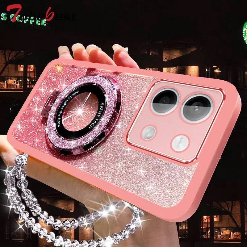 Glitter Crystal Bracelet Magsafe Phone Holder Case For Xiaomi POCO X6 Pro 5G Silicone Cover