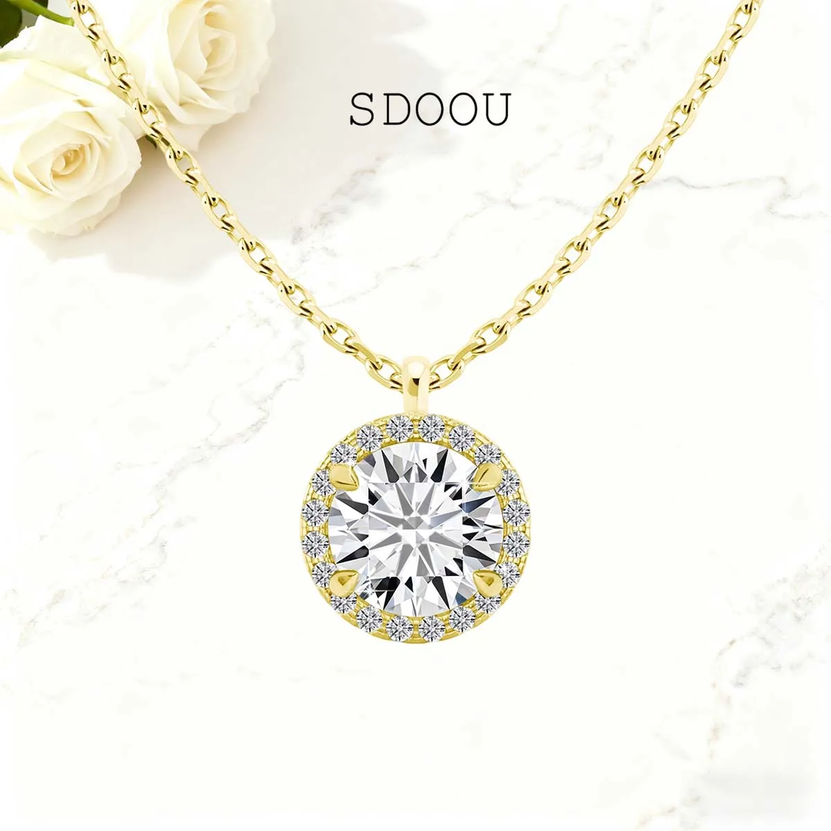 

SDOOU Luxury 14K Gold Filled Necklace 0.5ct/1ct D Color VVS Halo Moissanite Pendant Round Cut Wedding Jewelry Gift for Women