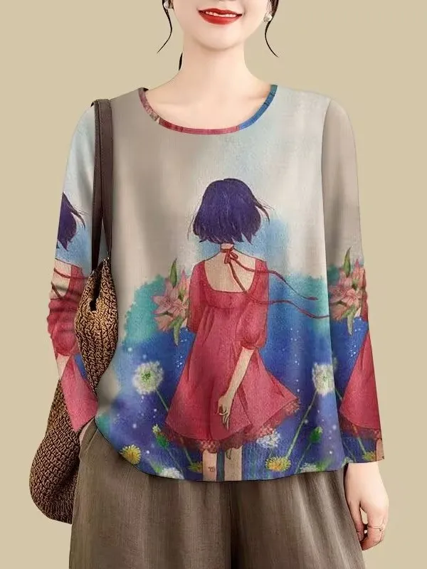 

Faionable Mommy Base irt round Ne Women's T-irt Belly Covering Long Sve Printed 3D Commute Sle Casual Wear