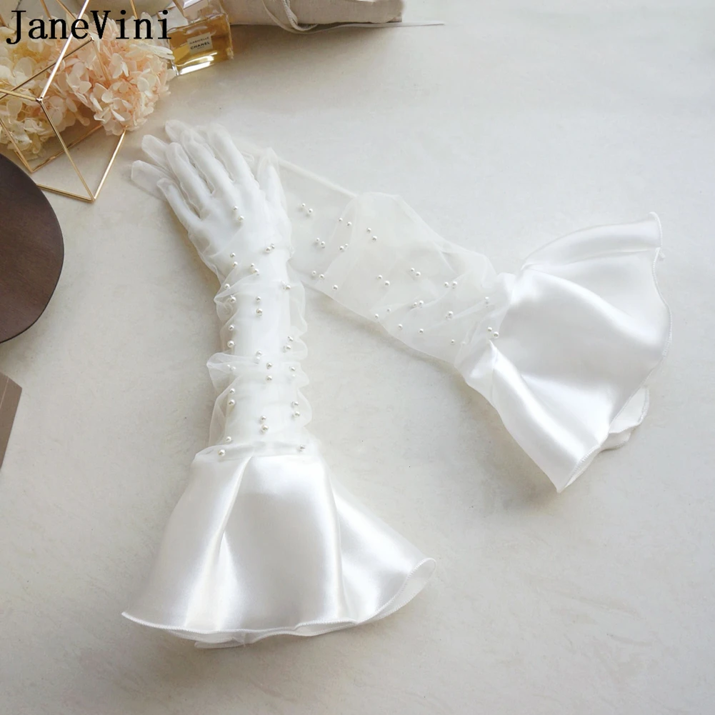 

JaneVini Elegant Gloves Women Pearls Long Bridal Glove White Fashion Luxury Sheer Tulle Satin Bride Wedding Hand Gloves Short