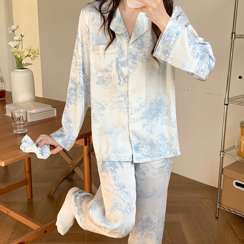 Blue Print Flower Pajamas Set Spring Summer Satin Women Sleepwear Lounge Wear Loose Casual Home Clothes Trouser Suit Nightwear