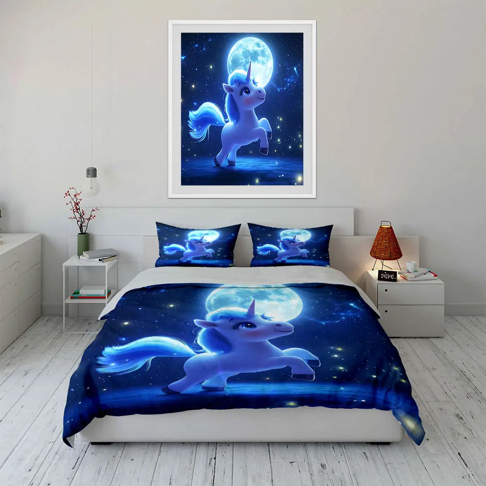 Enchanted Blue Unicorn and Full Moon Duvet Cover Set with 3D Printing Design Soft Polyester Bedding Set All-Season Comfort