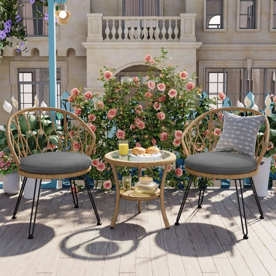 

U_STYLE Outdoor Leisure Set 2 Rattan Single Chairs with A Glass Round Table Perfectly Suited for Patios Balconies and Courtyard
