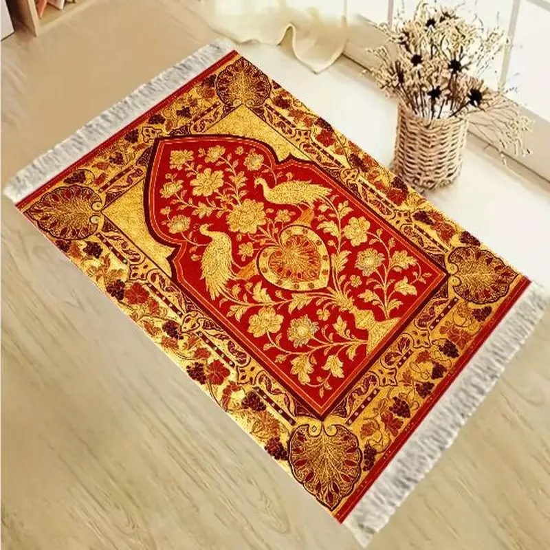 Golden Peacock Floral Arch Islamic Prayer Mat Foldable Portable Muslim Janamaz Sajadah Rug Non-Slip Washable Ramadan Eid Gift